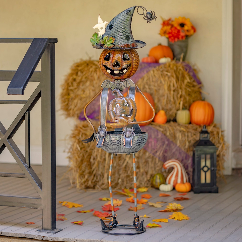 Metal Pumpkin Witch Figurine & Candy Holder for Halloween - 4.5'