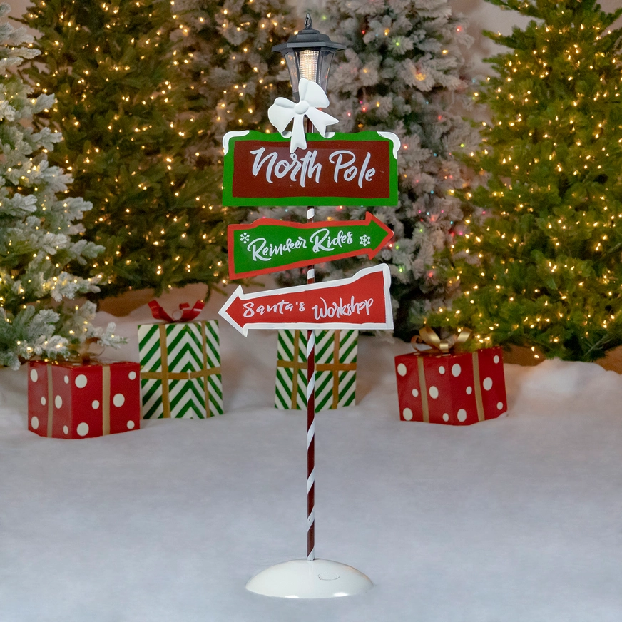 Standing "North Pole" Solar Lantern with Signs, Multi - 50" Tall